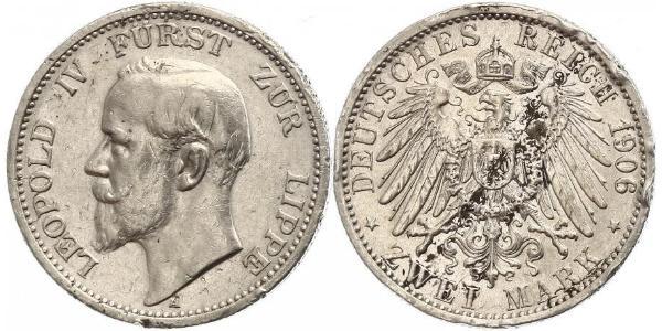 2 Mark 利珀親王國 (1123 - 1918) 銀 Leopold IV, Prince of Lippe