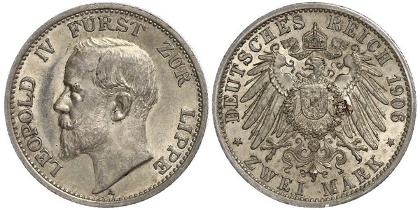 2 Mark 利珀親王國 (1123 - 1918) 銀 Leopold IV, Prince of Lippe