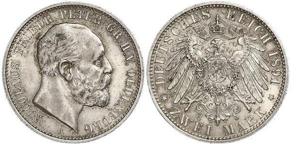 2 Mark 奥尔登堡大公国 (1814 - 1918) 銀 彼得二世 (奥尔登堡) (1827 - 1900)