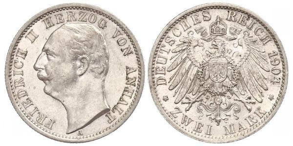 2 Mark 安哈尔特-德绍 / 安哈尔特公国 (1806 - 1918) 銀 弗里德里希二世 (安哈尔特) (1856 - 1918)