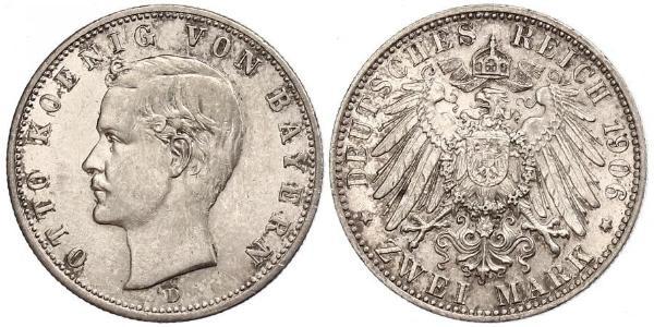 2 Mark 巴伐利亞王國 (1806 - 1918) 銀 奥托 (巴伐利亚国王)
