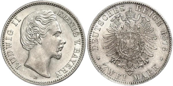 2 Mark 巴伐利亞王國 (1806 - 1918) 銀 路德维希二世 (巴伐利亚)