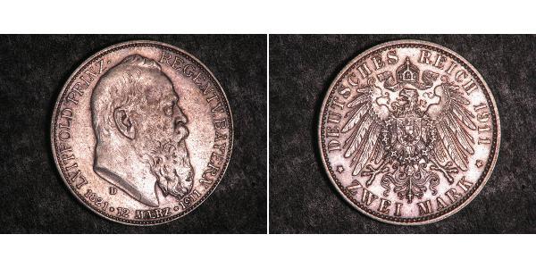 2 Mark 巴伐利亞王國 (1806 - 1918) 銀 奥托 (巴伐利亚国王)