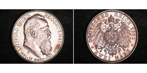 2 Mark 巴伐利亞王國 (1806 - 1918) 銀 奥托 (巴伐利亚国王)