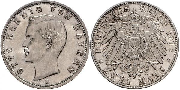 2 Mark 巴伐利亞王國 (1806 - 1918) 銀 奥托 (巴伐利亚国王)