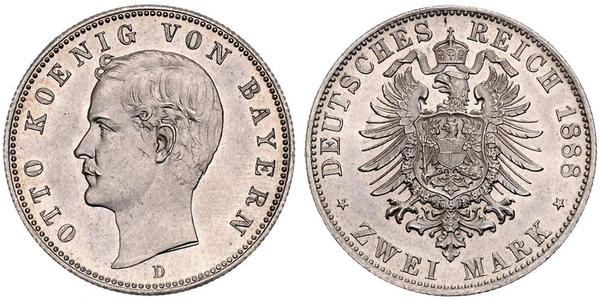 2 Mark 巴伐利亞王國 (1806 - 1918) 銀 奥托 (巴伐利亚国王)
