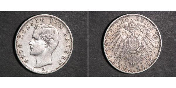 2 Mark 巴伐利亞王國 (1806 - 1918) 銀 奥托 (巴伐利亚国王)