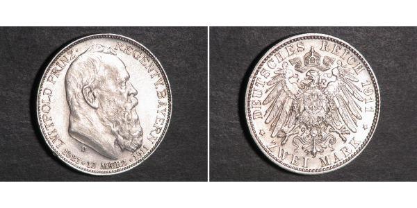 2 Mark 巴伐利亞王國 (1806 - 1918) 銀 奥托 (巴伐利亚国王)