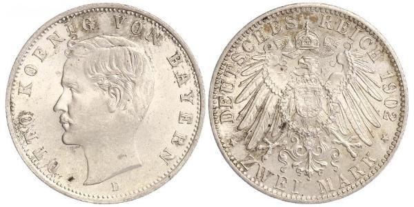 2 Mark 巴伐利亞王國 (1806 - 1918) 銀 奥托 (巴伐利亚国王)