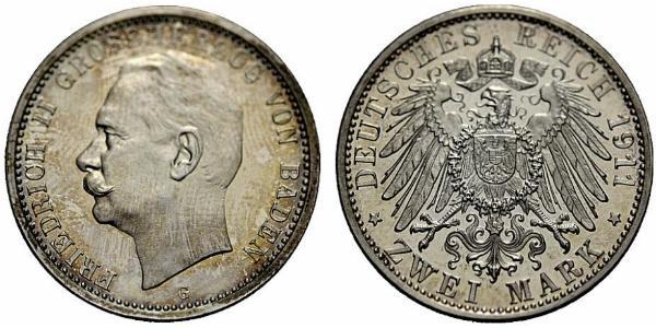 2 Mark 巴登大公國 (1806 - 1918) 銀 弗里德里希二世 (巴登)