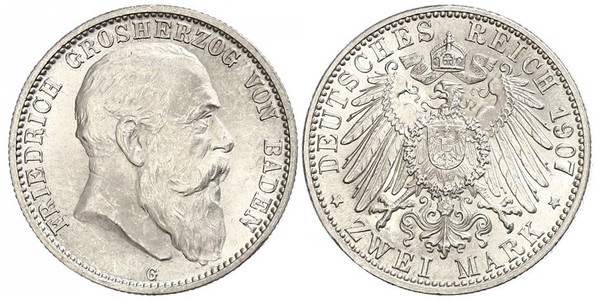2 Mark 巴登大公國 (1806 - 1918) 銀 弗里德里希一世 (巴登)