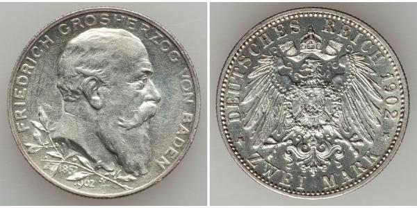 2 Mark 巴登大公國 (1806 - 1918) 銀 弗里德里希一世 (巴登)