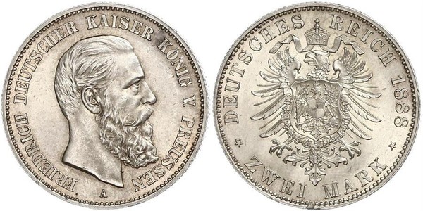 2 Mark 普魯士王國 (1701 - 1918) 銀 腓特烈三世 (德国)
