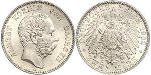 2 Mark 萨克森王国 (1806 - 1918) 銀 阿尔贝特 (萨克森)