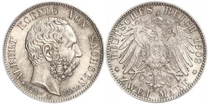 2 Mark 萨克森王国 (1806 - 1918) 銀 阿尔贝特 (萨克森)