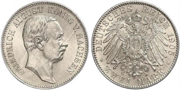 2 Mark 萨克森王国 (1806 - 1918) 銀 弗里德里希·奥古斯特三世 (萨克森国王)