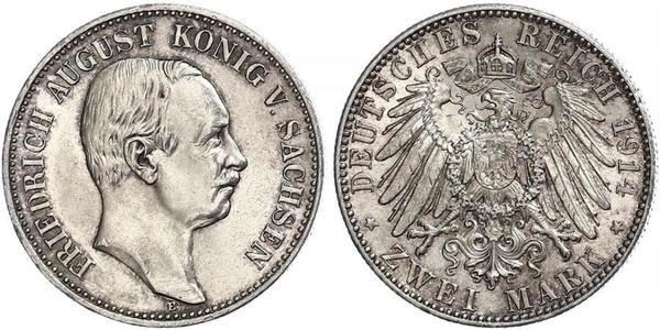 2 Mark 萨克森王国 (1806 - 1918) 銀 弗里德里希·奥古斯特三世 (萨克森国王)