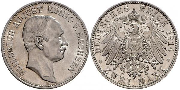 2 Mark 萨克森王国 (1806 - 1918) 銀 弗里德里希·奥古斯特三世 (萨克森国王)