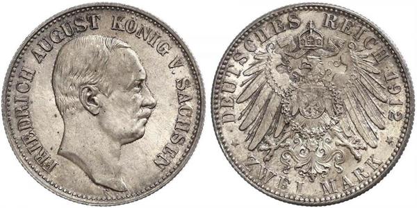 2 Mark 萨克森王国 (1806 - 1918) 銀 弗里德里希·奥古斯特三世 (萨克森国王)