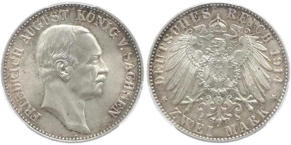 2 Mark 萨克森王国 (1806 - 1918) 銀 弗里德里希·奥古斯特三世 (萨克森国王)