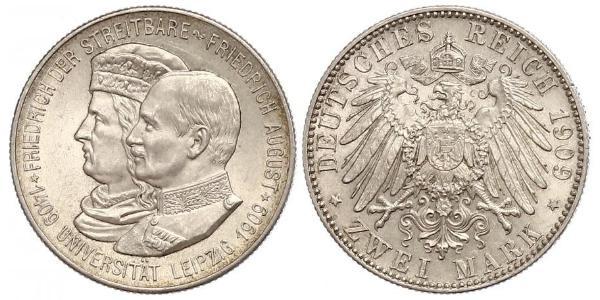 2 Mark 萨克森王国 (1806 - 1918) 銀 弗里德里希·奥古斯特三世 (萨克森国王)