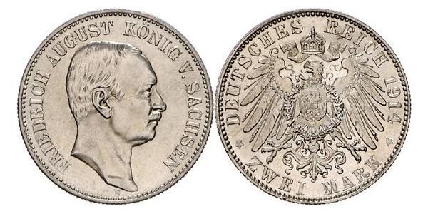 2 Mark 萨克森王国 (1806 - 1918) 銀 弗里德里希·奥古斯特三世 (萨克森国王)
