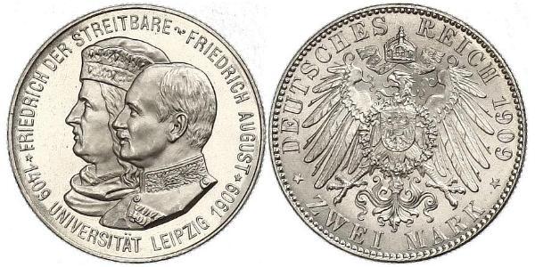 2 Mark 萨克森王国 (1806 - 1918) 銀 弗里德里希·奥古斯特三世 (萨克森国王)