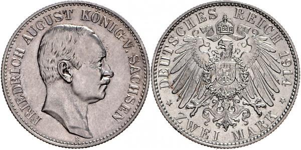 2 Mark 萨克森王国 (1806 - 1918) 銀 弗里德里希·奥古斯特三世 (萨克森国王)