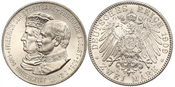 2 Mark 萨克森王国 (1806 - 1918) 銀 弗里德里希·奥古斯特三世 (萨克森国王)