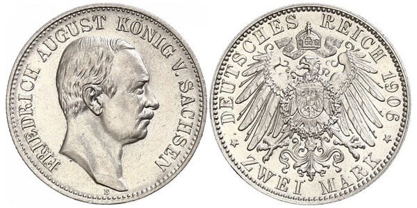 2 Mark 萨克森王国 (1806 - 1918) 銀 弗里德里希·奥古斯特三世 (萨克森国王)