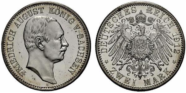 2 Mark 萨克森王国 (1806 - 1918) 銀 弗里德里希·奥古斯特三世 (萨克森国王)