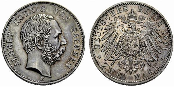 2 Mark 萨克森王国 (1806 - 1918) 銀 阿尔贝特 (萨克森)