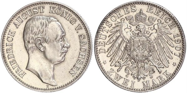 2 Mark 萨克森王国 (1806 - 1918) 銀 弗里德里希·奥古斯特三世 (萨克森国王)