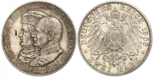 2 Mark 萨克森王国 (1806 - 1918) 銀 弗里德里希·奥古斯特三世 (萨克森国王)