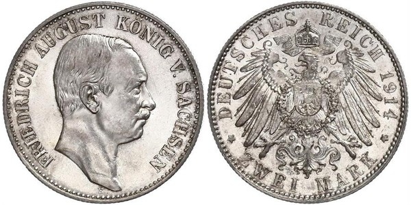 2 Mark 萨克森王国 (1806 - 1918) 銀 弗里德里希·奥古斯特三世 (萨克森国王)