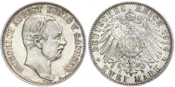 2 Mark 萨克森王国 (1806 - 1918) 銀 弗里德里希·奥古斯特三世 (萨克森国王)