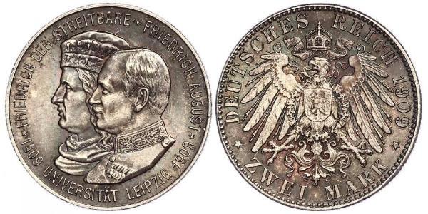 2 Mark 萨克森王国 (1806 - 1918) 銀 弗里德里希·奥古斯特三世 (萨克森国王)
