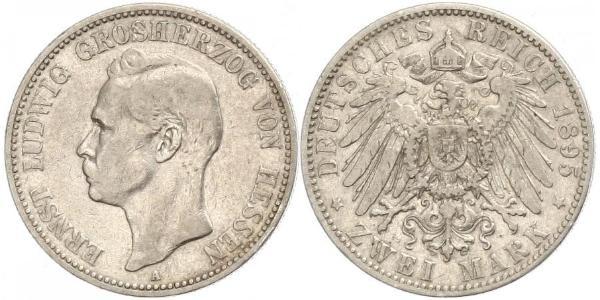 2 Mark 黑森-达姆施塔特 (1806 - 1918) 銀 恩斯特·路德维希 (黑森大公) (1868 - 1937)