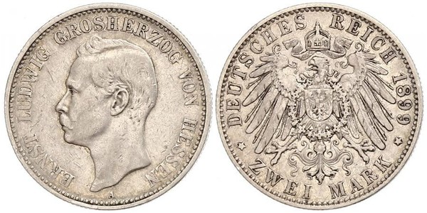 2 Mark 黑森-达姆施塔特 (1806 - 1918) 銀 恩斯特·路德维希 (黑森大公) (1868 - 1937)