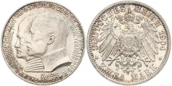 2 Mark 黑森-达姆施塔特 (1806 - 1918) 銀 恩斯特·路德维希 (黑森大公) (1868 - 1937)