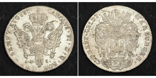 2 Mark / 32 Shilling Hamburgo Plata Carlos VI, Emperador del Sacro Imperio Romano (1685-1740)