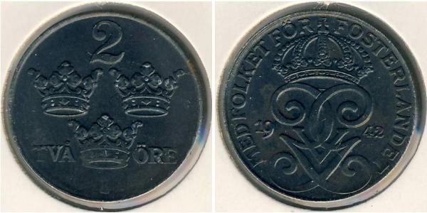 2 Ore Sweden Steel Gustaf V of Sweden (1858 - 1950)