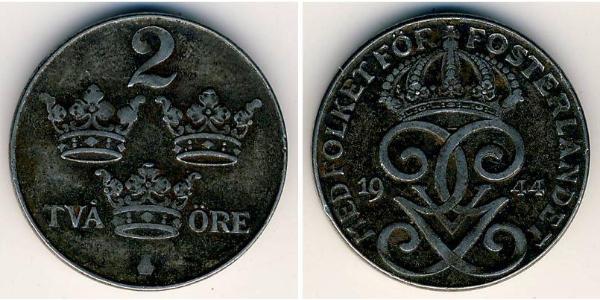 2 Ore Sweden Steel Gustaf V of Sweden (1858 - 1950)