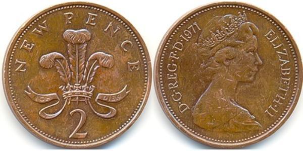 2 Penny Feriind Kiningrik (1922-) Cuivre Elizabeth II (1926-2022)