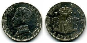 2 Peseta Kingdom of Spain (1874 - 1931) Silver Alfonso XIII of Spain (1886 - 1941)