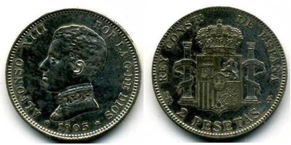 2 Peseta Kingdom of Spain (1874 - 1931) Silver Alfonso XIII of Spain (1886 - 1941)