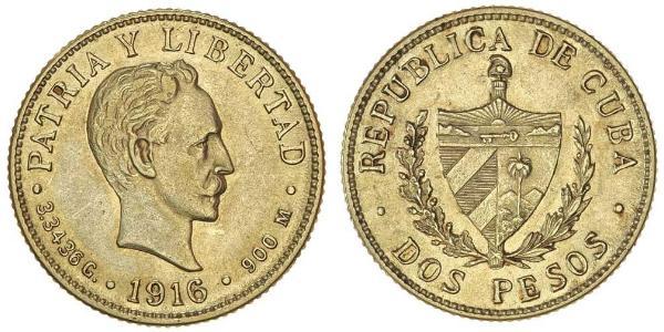 2 Peso Cuba Gold Jose Julian Marti Perez (1853 - 1895) 
