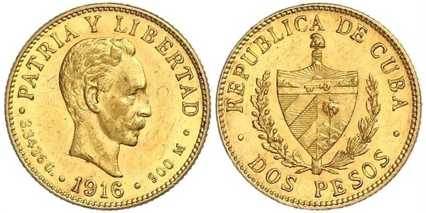 2 Peso Cuba Oro Jose Julian Marti Perez (1853 - 1895) 