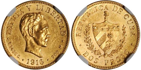 2 Peso Cuba Oro Jose Julian Marti Perez (1853 - 1895) 