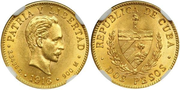 2 Peso Cuba Oro Jose Julian Marti Perez (1853 - 1895) 
